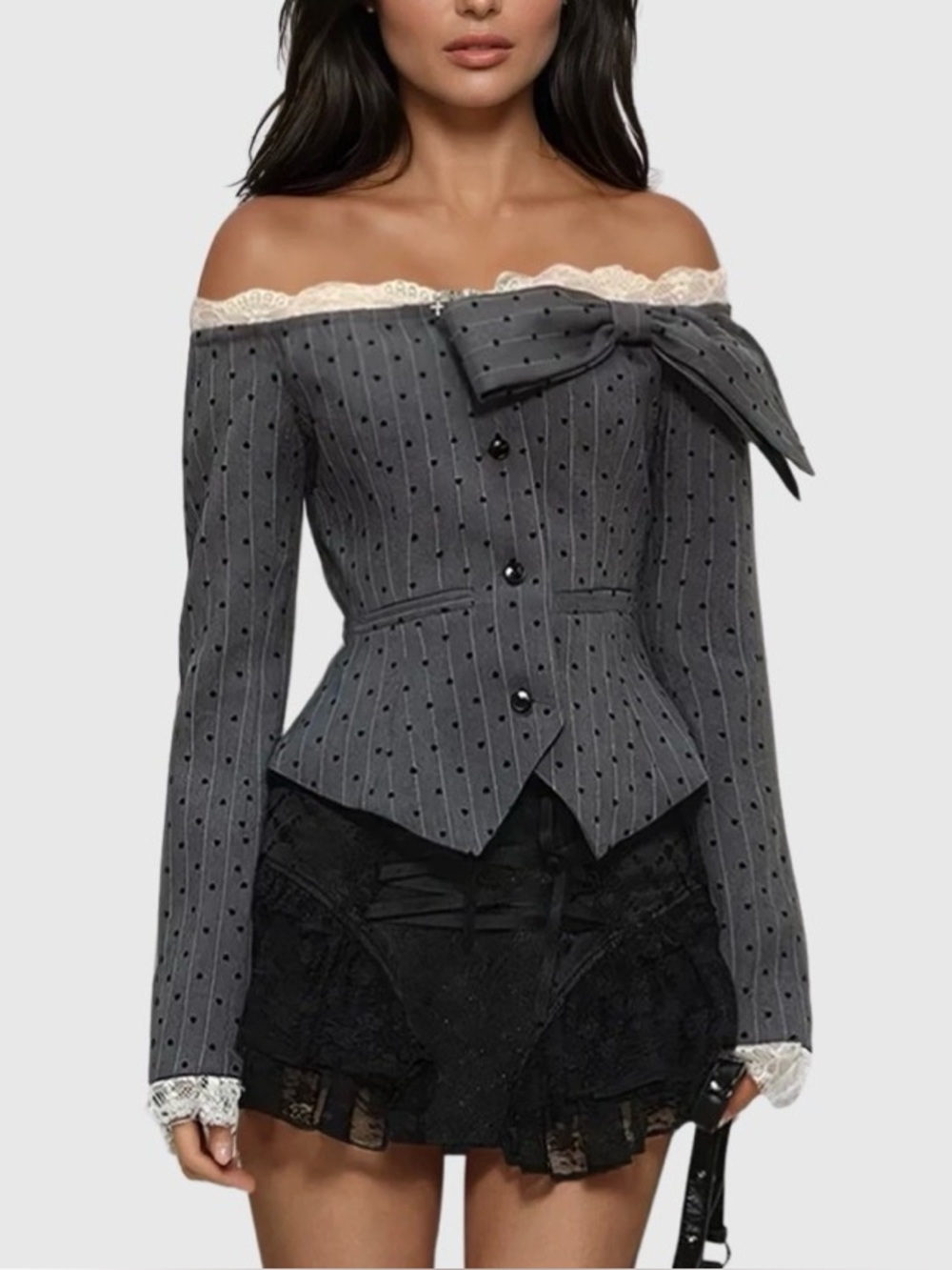 Braiden Off Shoulder Bow Dot Top Innovare Denim